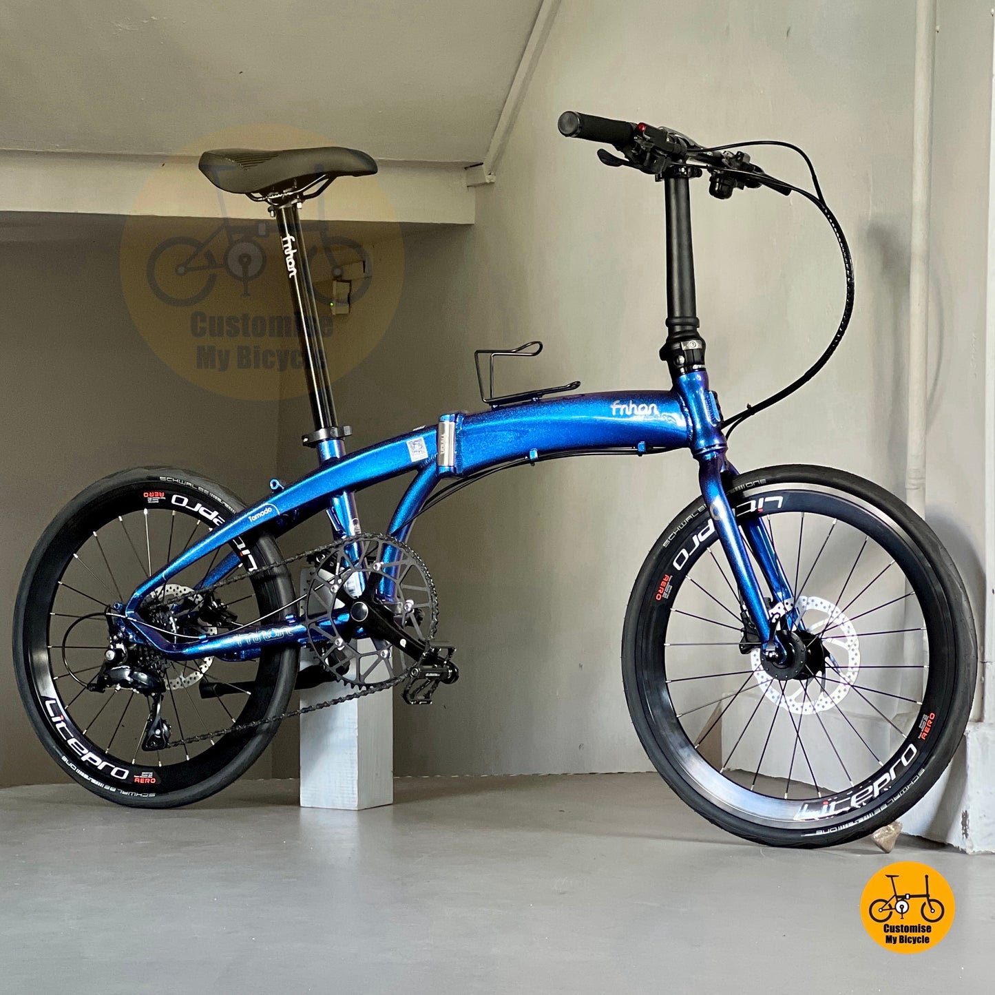 Full shot of Chameleon Blue Fnhon Tornado ready for commute 风行折叠车海豚车架