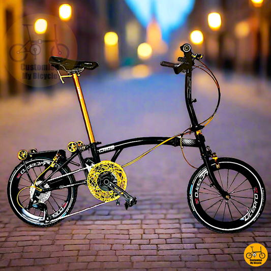 Crius Trifold 18-inch Performance Folding Bike – Sleek Black and Gold Frame for Daily Rides
