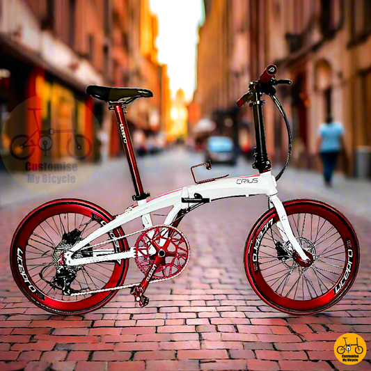 Crius Velocity 22-inch Folding Bike – Snow White Frame with Bold Red Wheels
