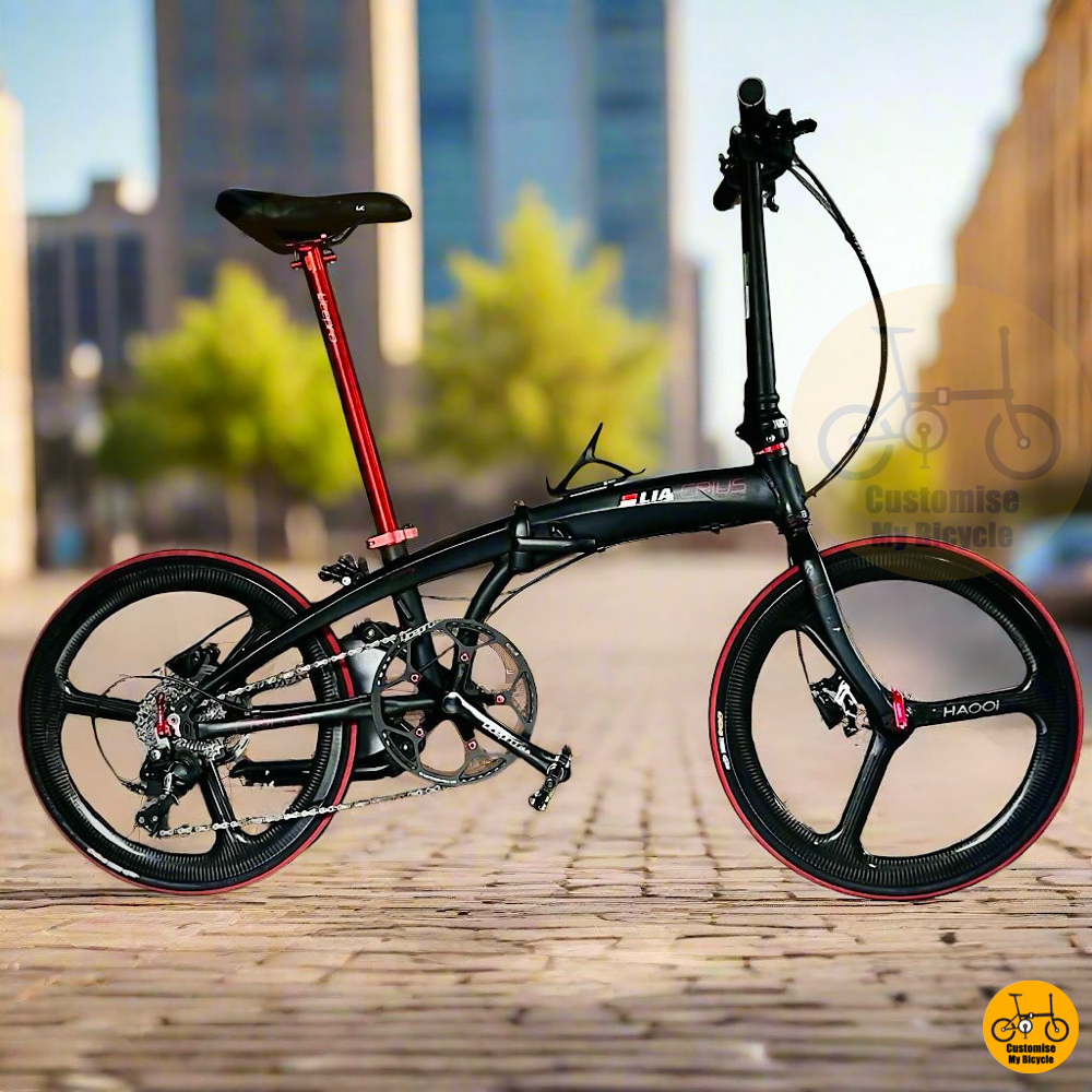 Crius Velocity matte black folding bike with carbon trispokes  
