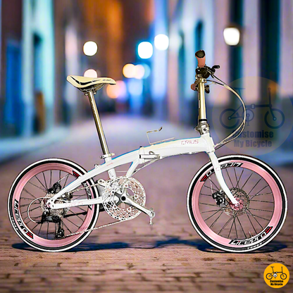 Crius Velocity 22-inch Folding Bike – Snow White & Baby Pink for a Chic Look

