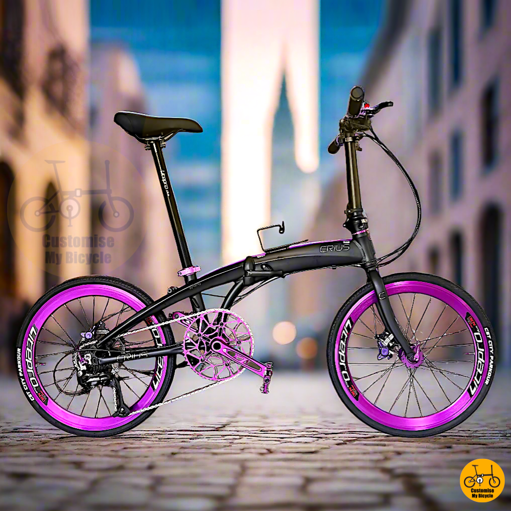 Crius Velocity 22-inch Folding Bike – Matte Black & Royale Purple for Bold Riders

