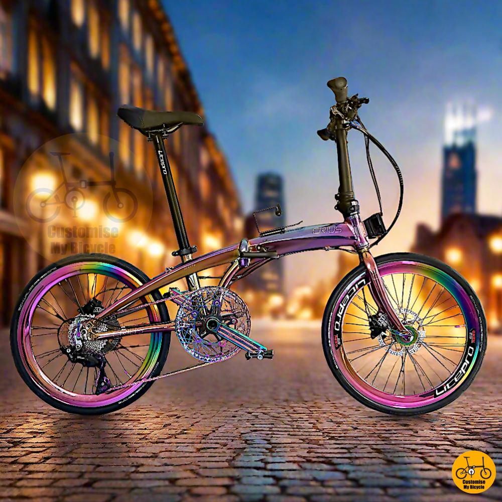 Crius Velocity 22-inch Folding Bike – Oil Slick Frame with Gradient Rainbow Wheels
