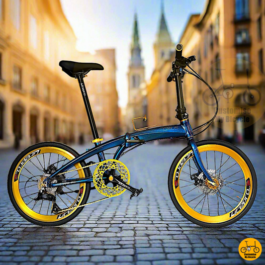 Crius Velocity 22 Inch – Stylish Chameleon Blue Folding Bike with Gold Wheels
