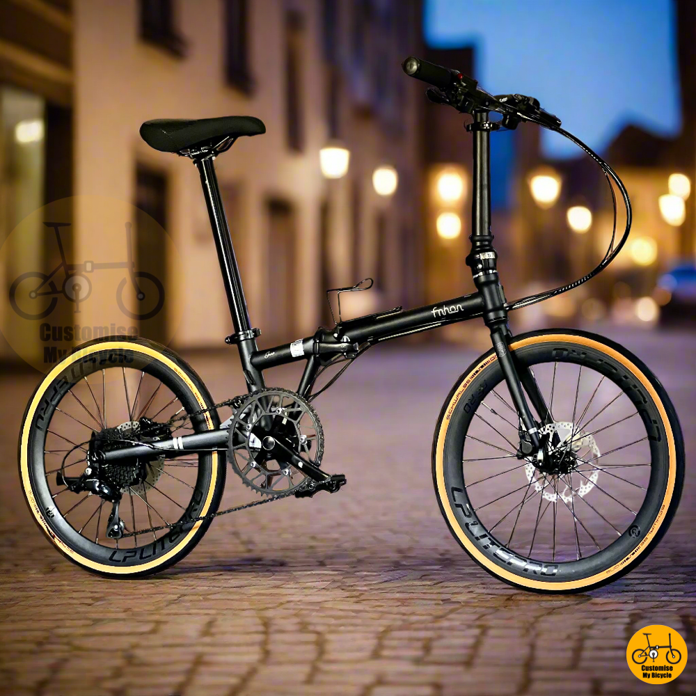 Matte Black Folding Bike With High Profile Wheels And Lightweight Alloy Frame  
