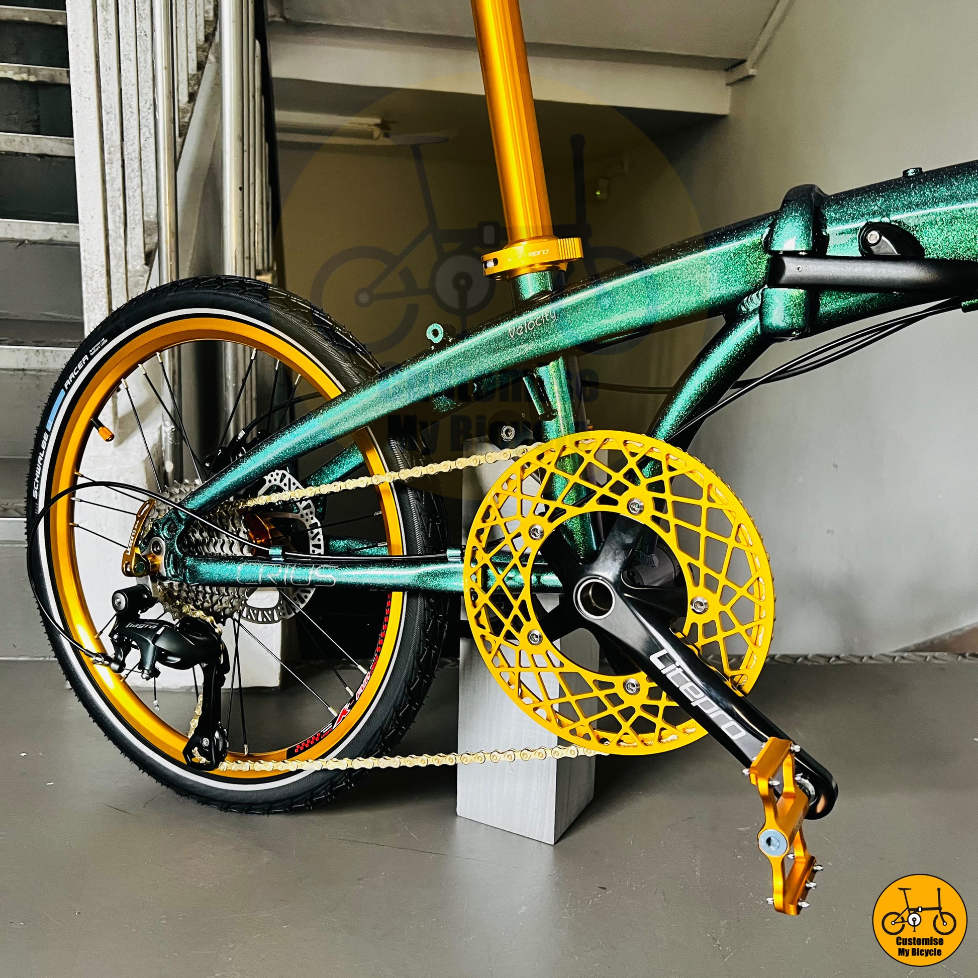 Litepro crankset and gold chainring on Crius Velocity 22-inch foldable bicycle
