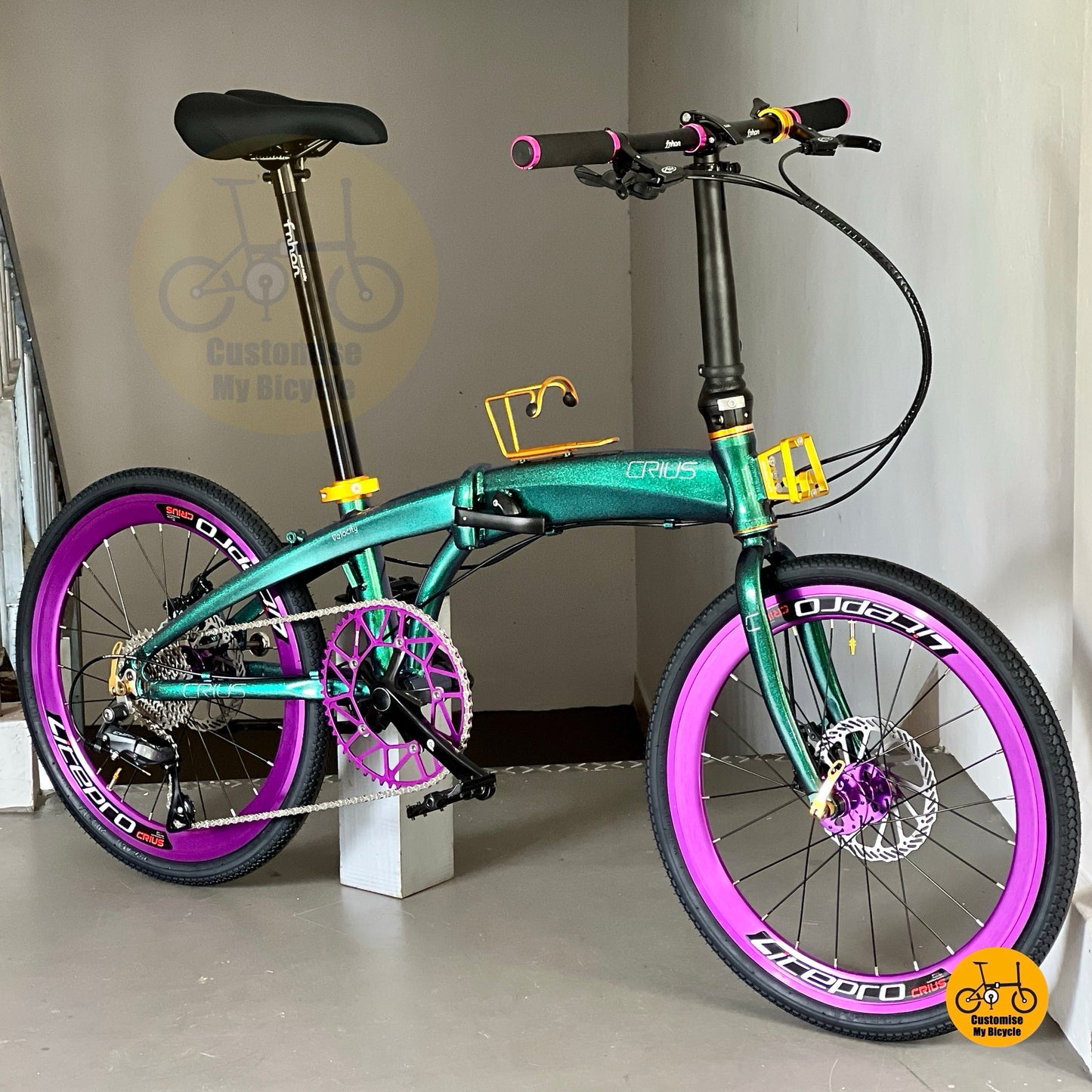 Crius Velocity 22 Inch Aluminium Folding Bike Shimano 9 Speed Purple Gold Accents
