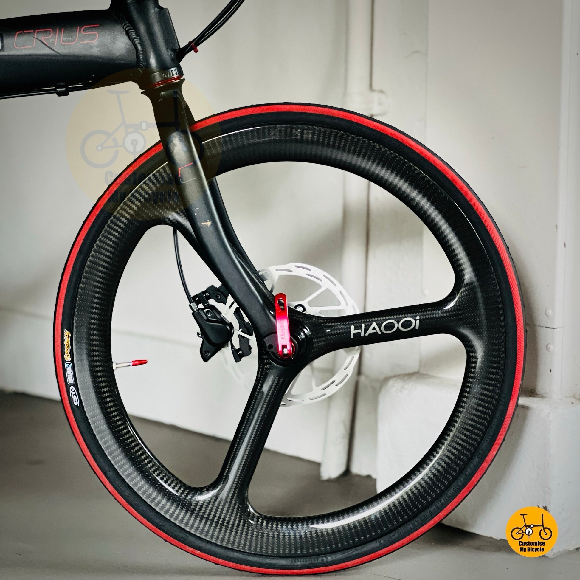 Close up of carbon trispoke wheels on Crius Velocity foldable bicycle  
