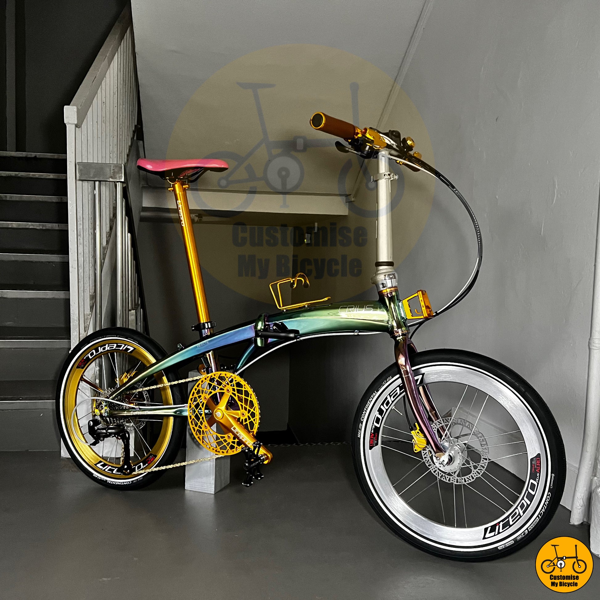 Crius Velocity 20-inch Folding Bicycle – Stylish Oil Slick Design with Gold & Silver Accents
