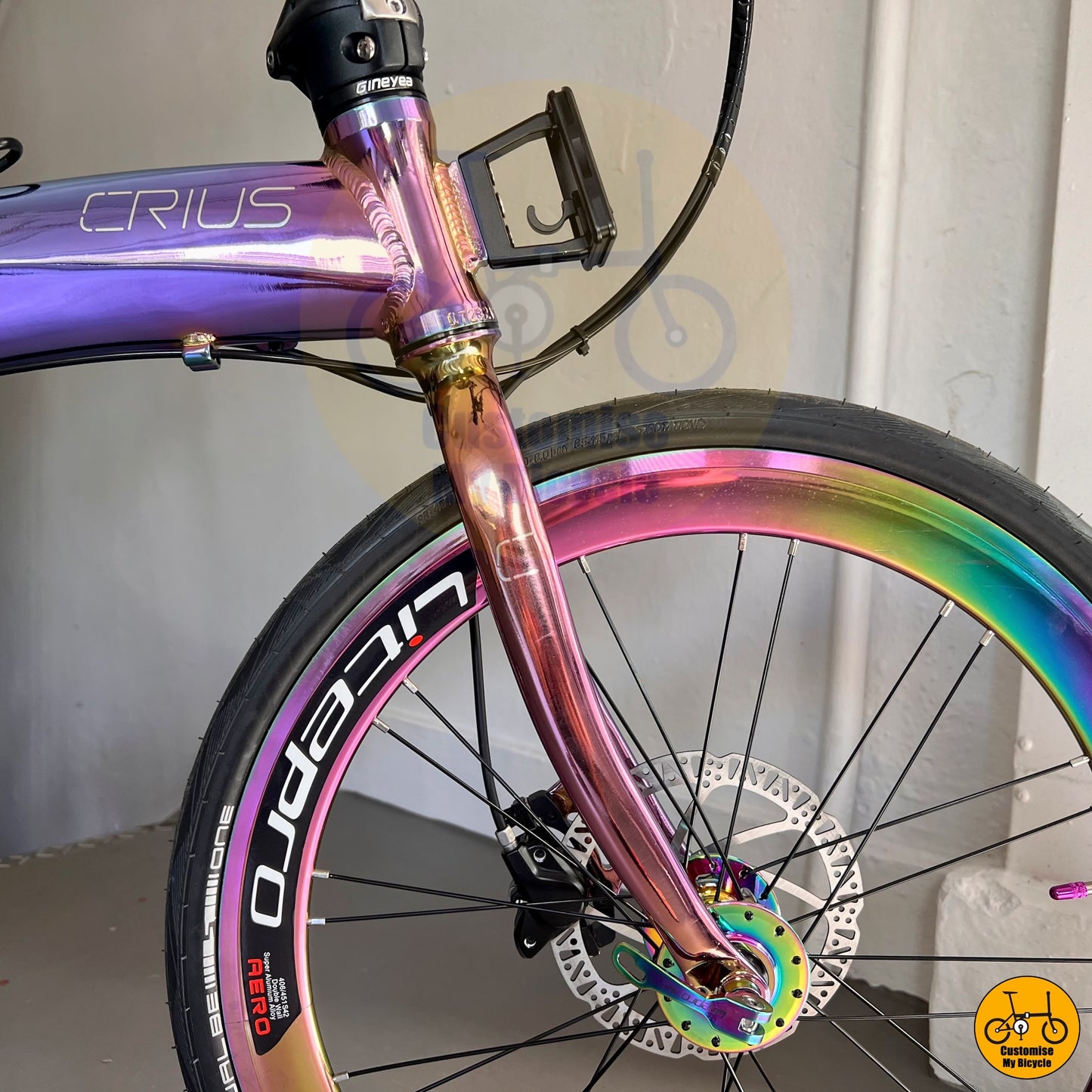 Crius Velocity 22-inch folding bike with a stunning oil slick frame
