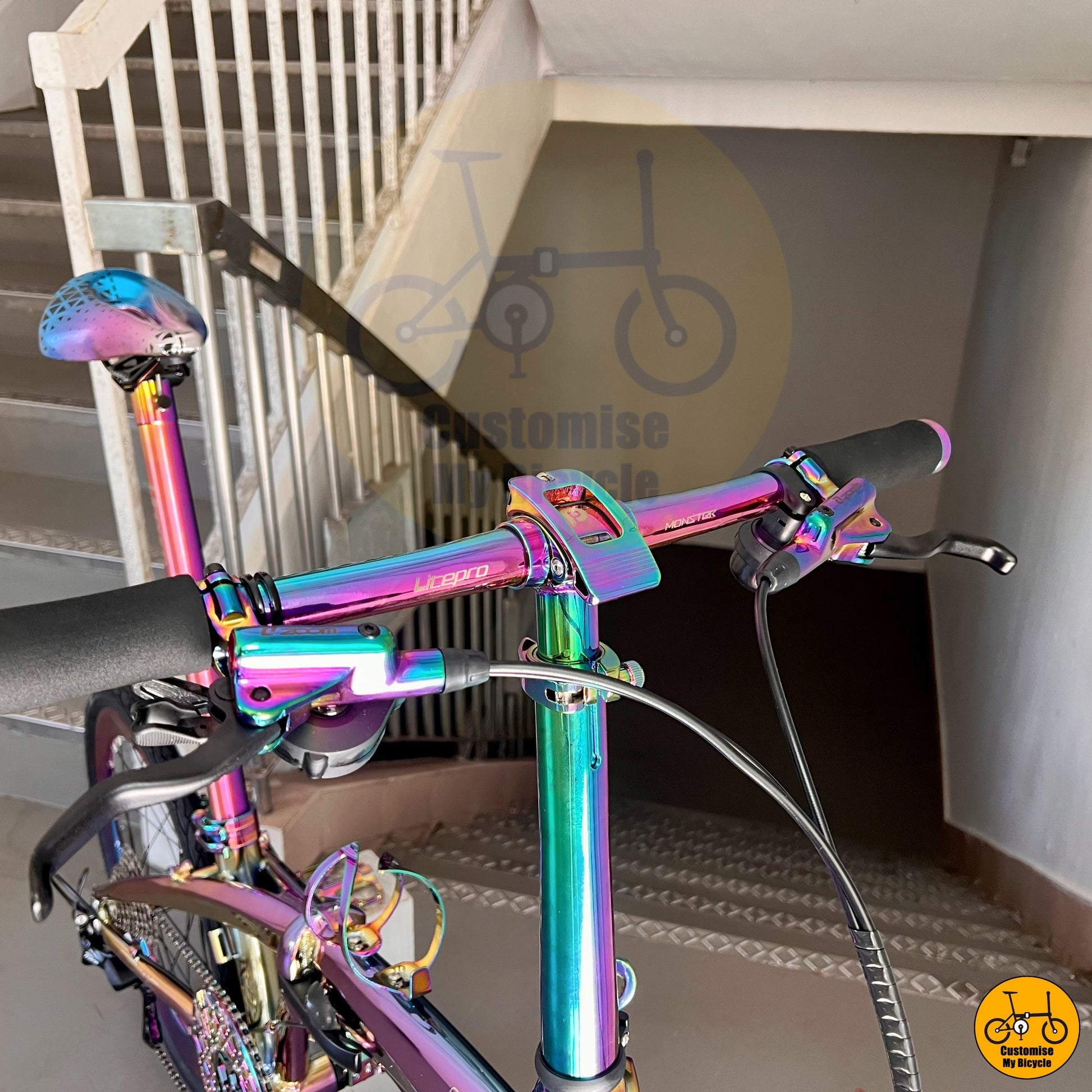 Vibrant oil slick handlebars with ergonomic grips for better handling
