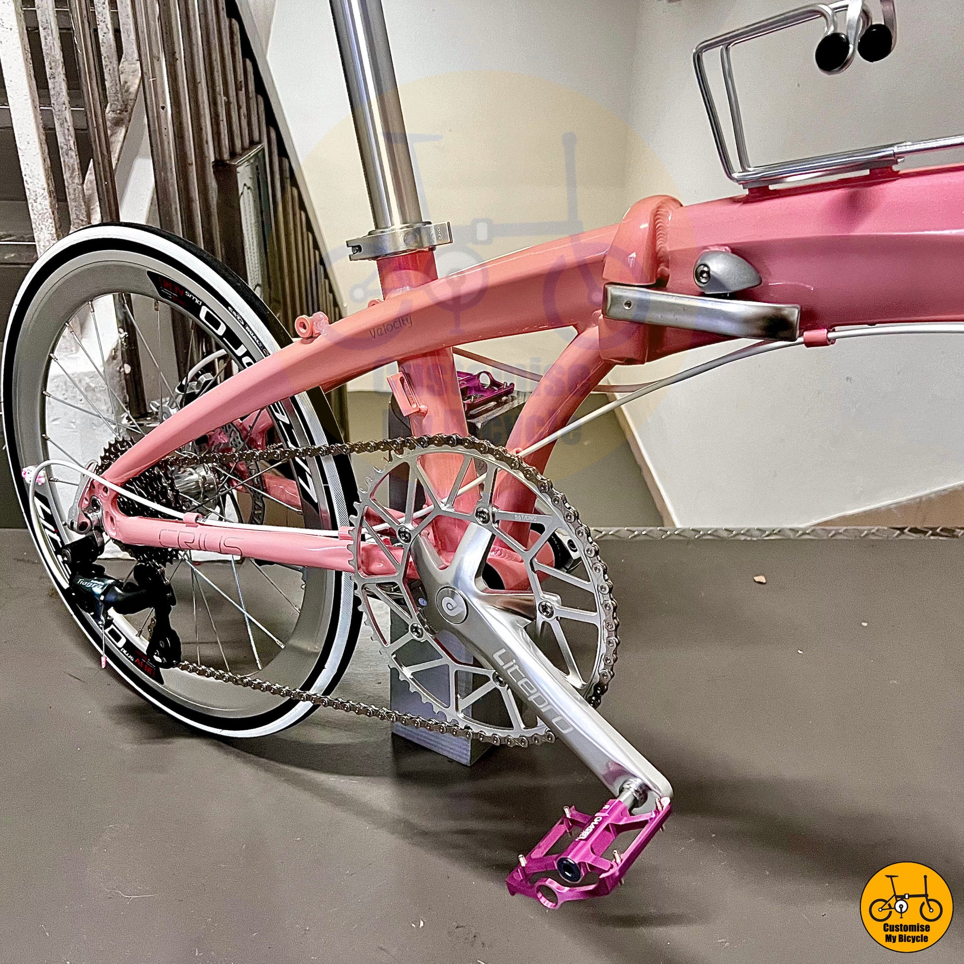 Custom Litepro pedals in silver finish on Crius Velocity 22-inch folding bike
