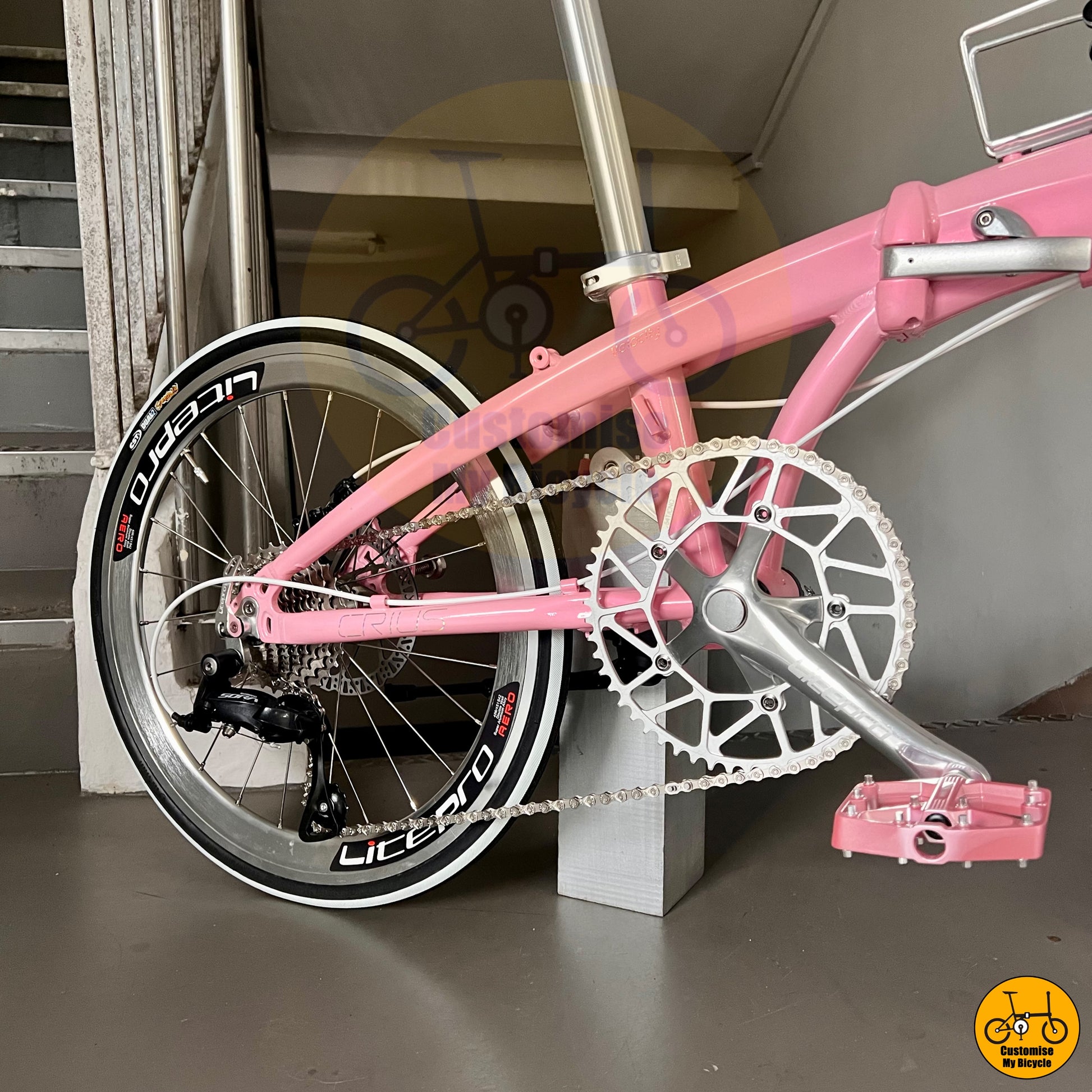 Litepro silver crankset and chainring on Crius Velocity 22-inch foldie
