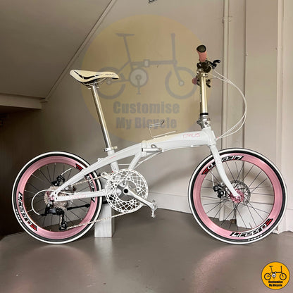 Crius Velocity 22-inch Folding Bike – Snow White Frame with Baby Pink Wheels

