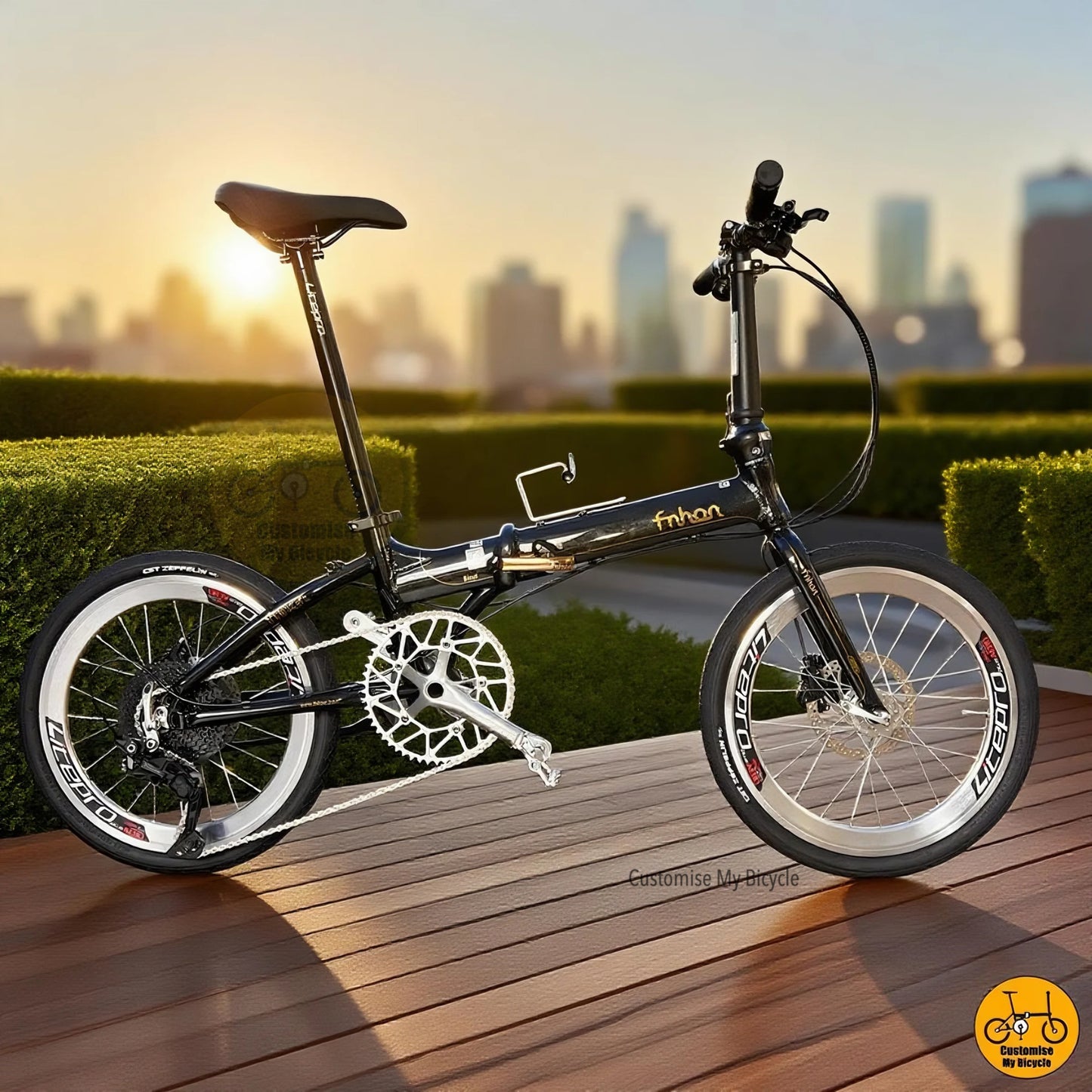 Fnhon Blast 20-inch folding bike with black gold frame and silver crankset
