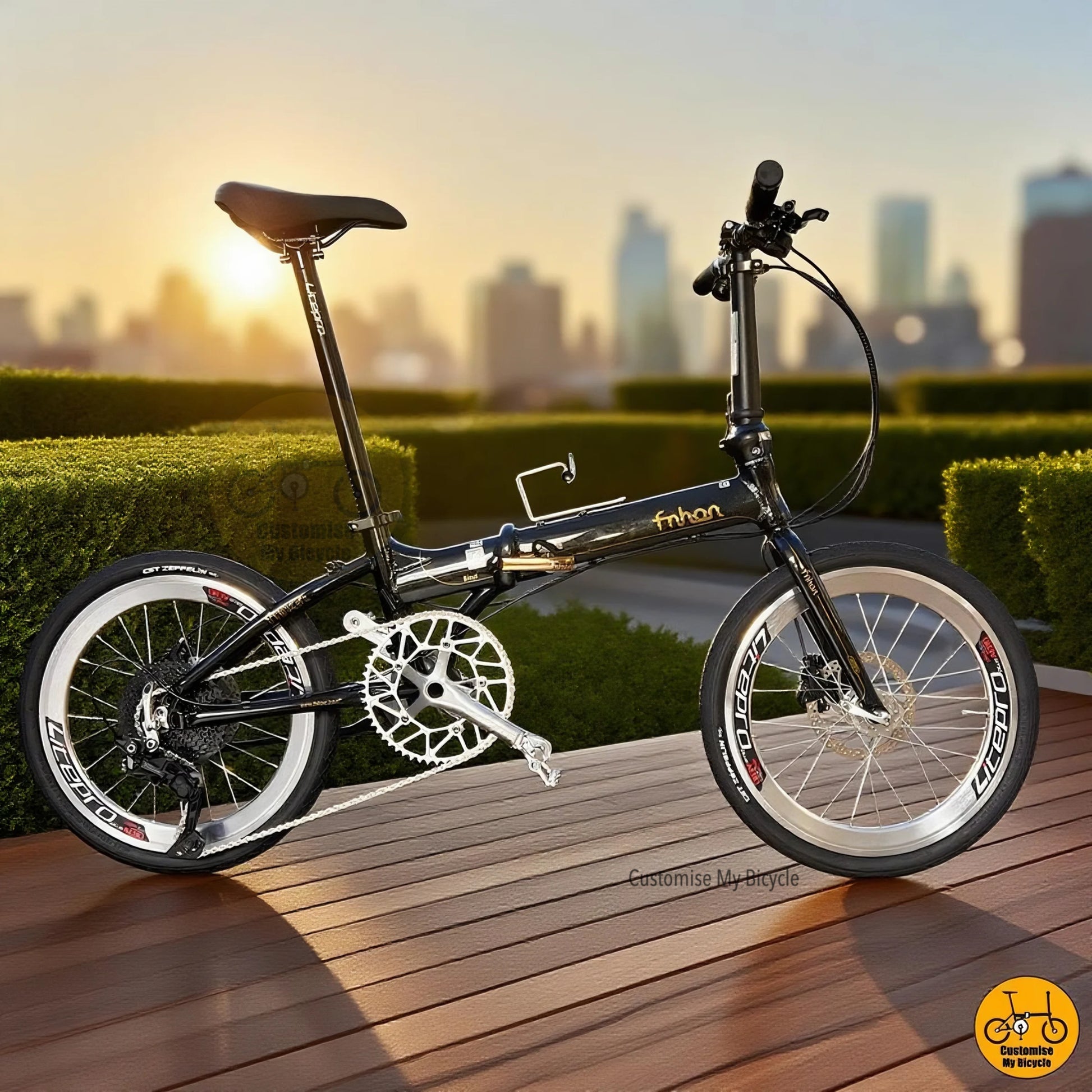 Fnhon Blast 20-inch folding bike with black gold frame and silver crankset
