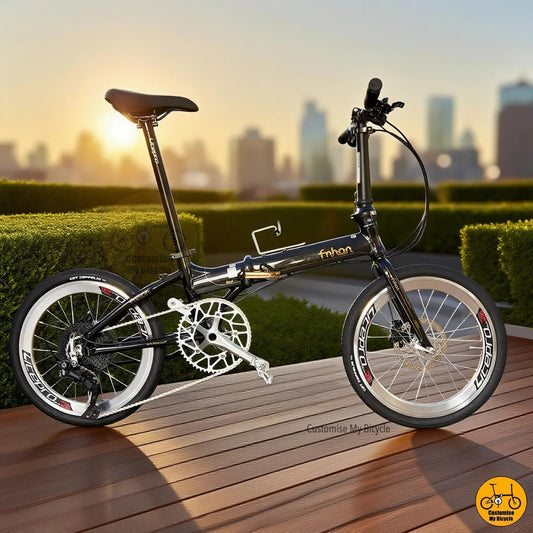 Fnhon Blast 20-inch folding bike with black gold frame and silver crankset
