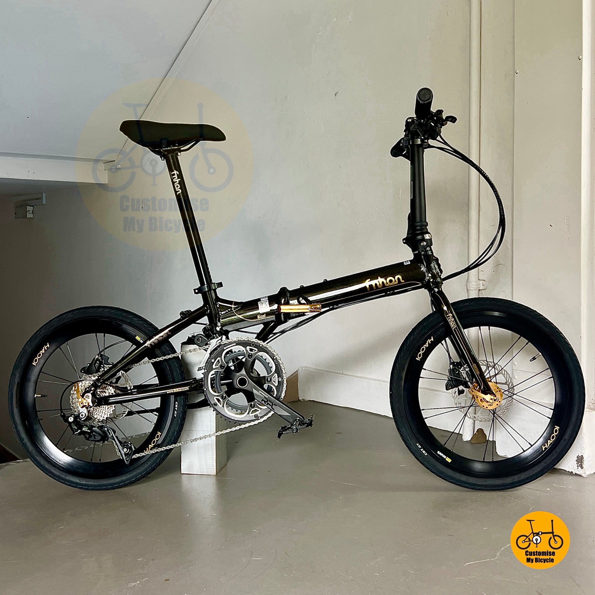 Fnhon Blast Black Gold 20-inch folding bike side view with Shimano 105 groupset
