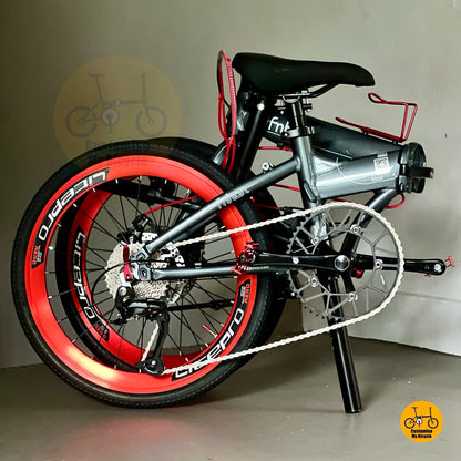 Folding versin of Fnhon Blast 22 inch Dolphin Grey foldable bicycle with Shimano 9 speed gears  
