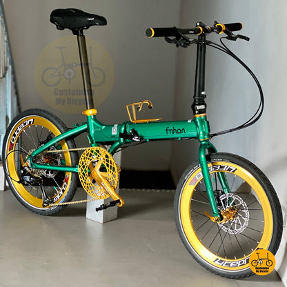Fnhon Blast Shimano 9s Emerald Green foldable bicycle with gold accents and aero wheelset
