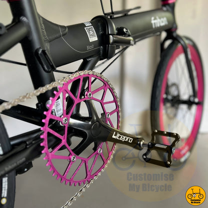 Litepro Candy Pink chainring on Matte Black & Hot Pink Fnhon Blast 22-Inch Folding Bicycle – A Foldie That Stands Out

