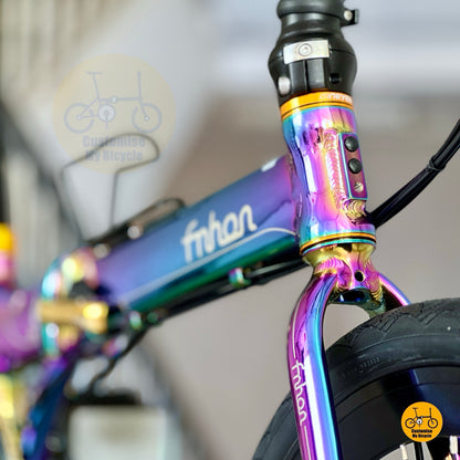 Front block of Fnhon Blast folding bicycle oil slick aluminium frame detail
