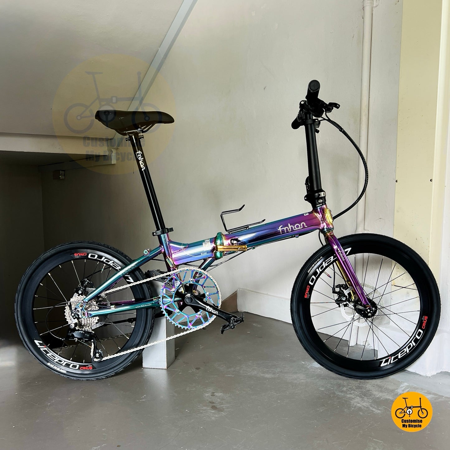 Fnhon Blast 22 inch folding bike Oil Slick Aurora front three quarter view commuter foldable bicycle