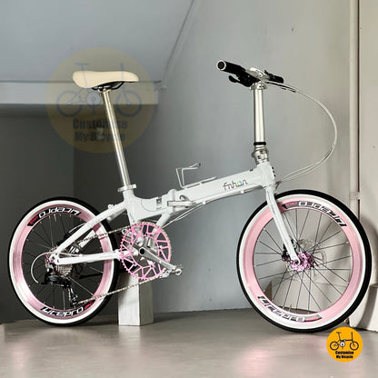 Basikal lipat Fnhon ringan dengan rangka aloi aluminium, brek cakera mekanikal dan tayar dinding putih bergaya