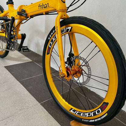 Golden Yellow Litepro Aero Wheels on Yellow Fnhon Blast 22-Inch Foldable Bicycle – Bold & Stylish for City Commuters

