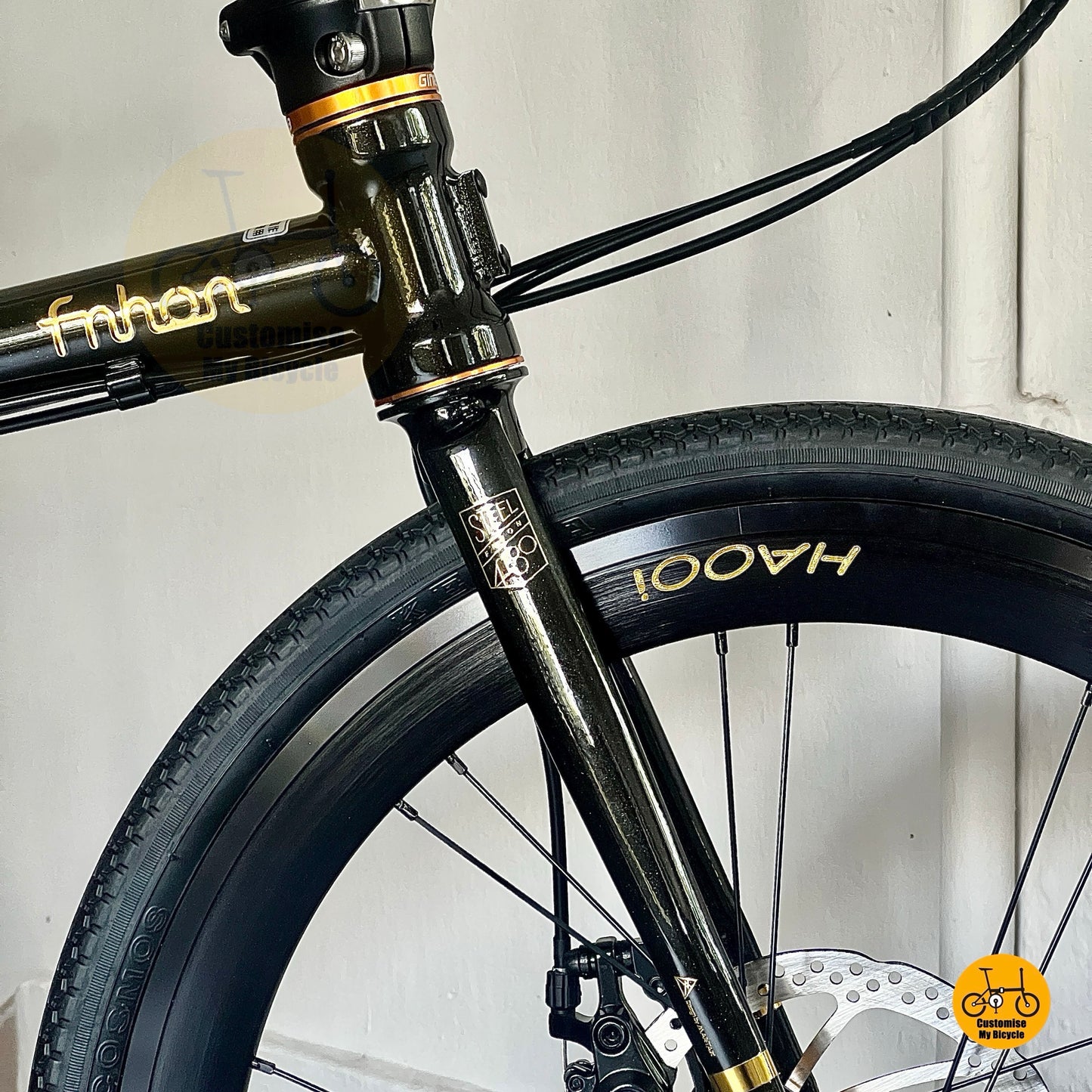 HAOOI wheels and Shimano 9-speed drivetrain, black gold fnhon logo
