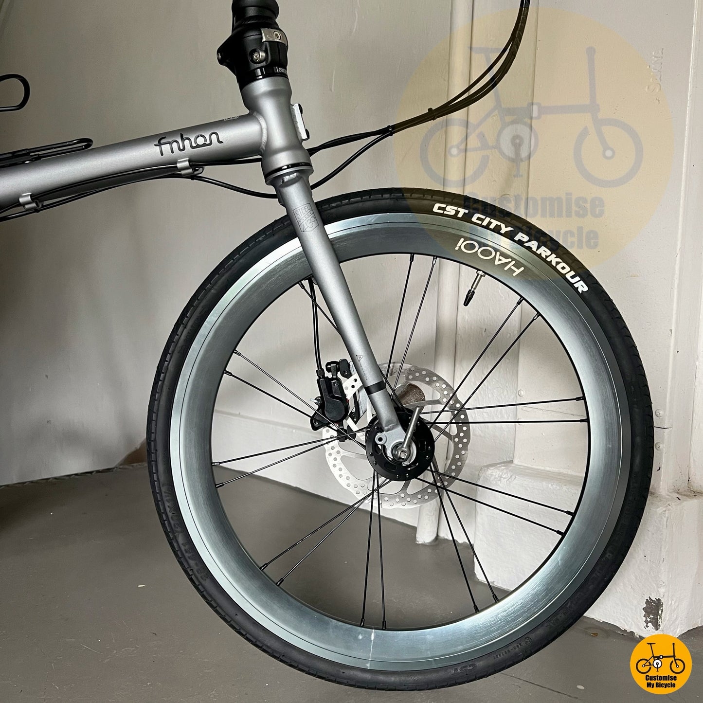 custom made wheelset with black spokes and alloy rims
