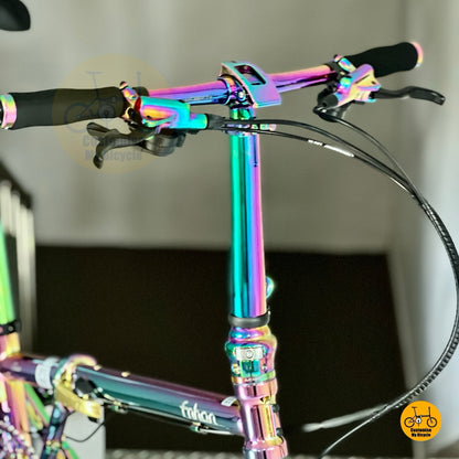 Oil slick telescopic handle post and handle bar on custom Fnhon Gust Oil Slick folding bicycle indoors
