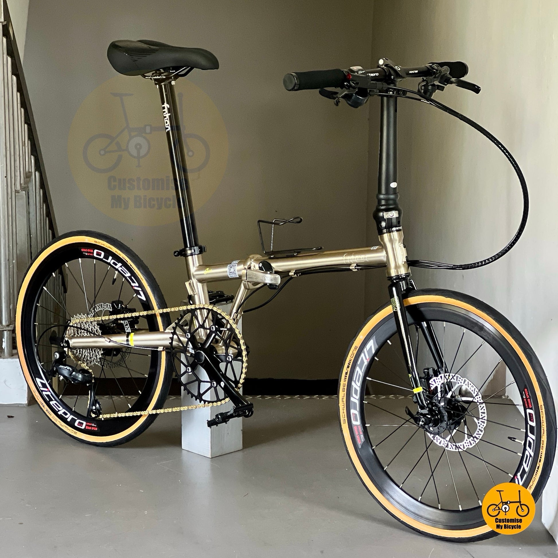 Front top profile of Fnhon Gust 22-inch titanium gold folding bike showing full frame geometry, tan wall tires, and Litepro wheels.

2. Clo