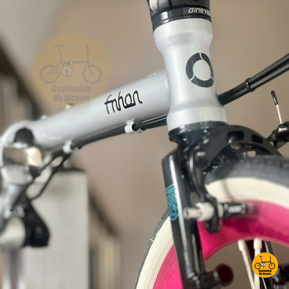 Low angle sunlight shot highlighting grey frame and pink accents
