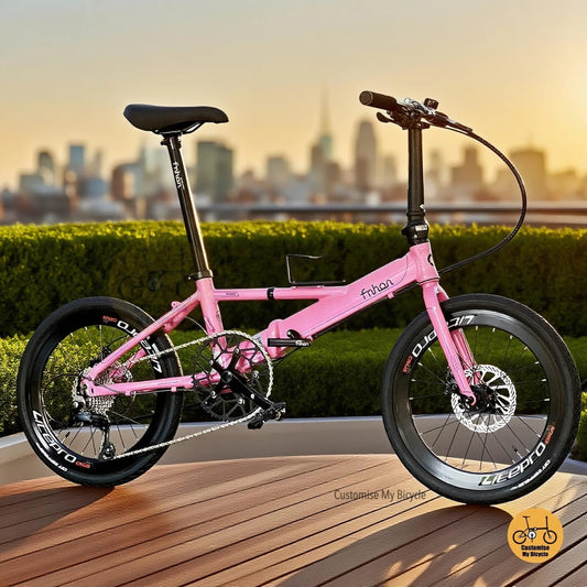 Fnhon Monsoon 20-inch Hot Pink folding bike Shimano 9 gears Litepro aero wheels lightweight frame

