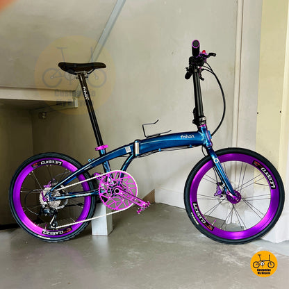 Chameleon Blue folding bike front high angle view with aerodynamic aluminium alloy body