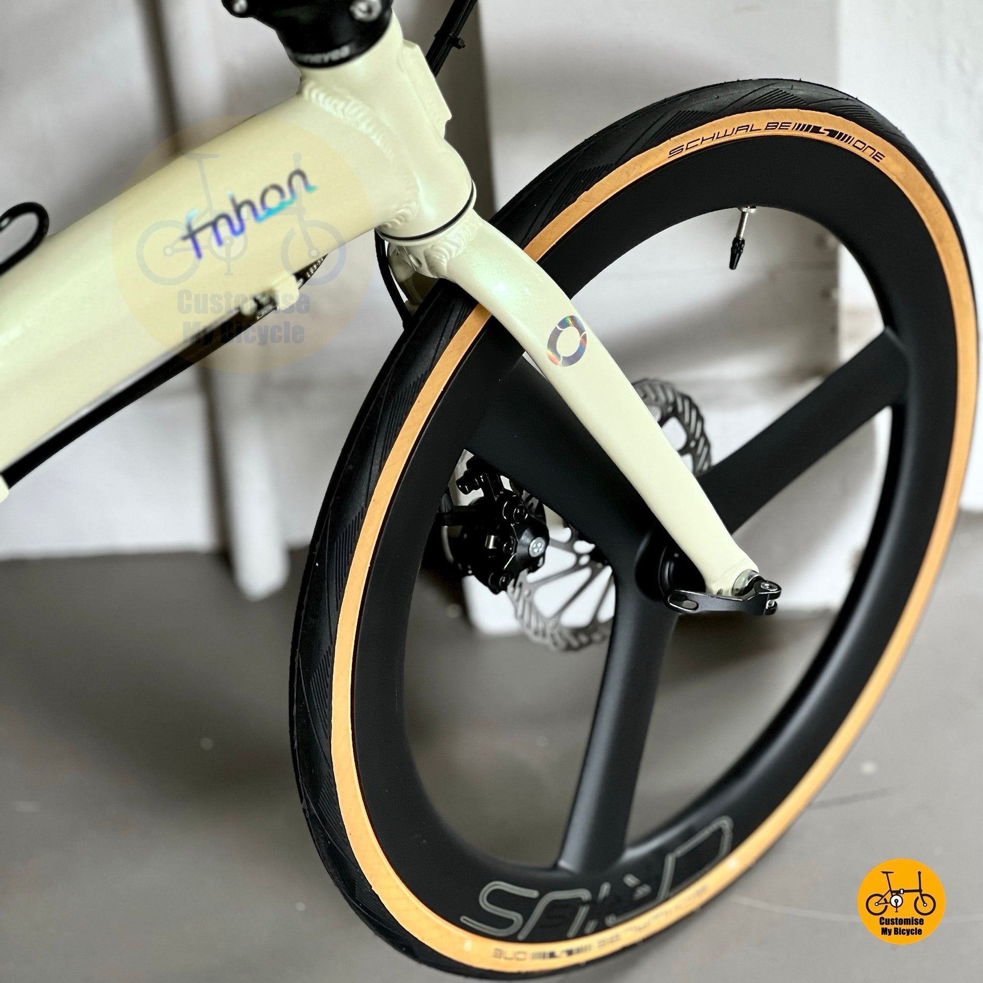 Fnhon Tornado Beige folding bike with Crius trispokes carbon wheels
