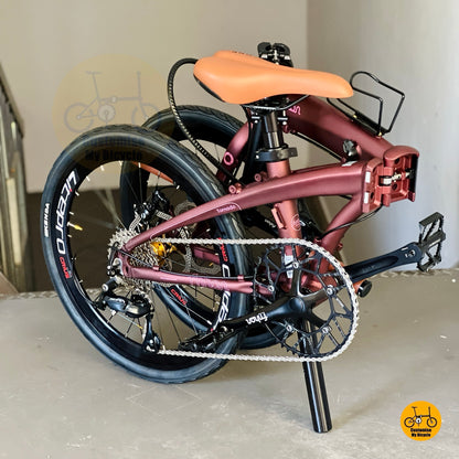 Folded version of Fnhon Tornado 22 Inch Folding Bike Champagne Red Shimano 9 Speed Lightweight Aluminium Foldable Bicycle Singapore
