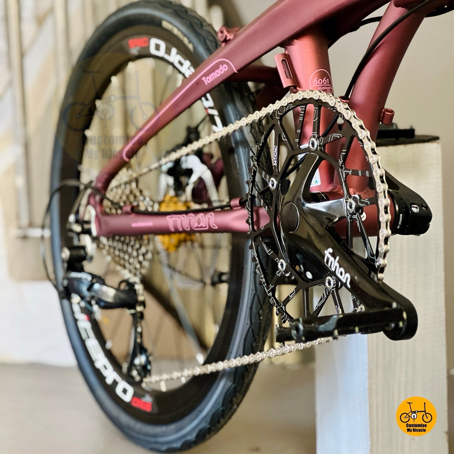 Fnhon Tornado folding bike crankset close up Litepro hollow 54t chainring lightweight crank detail
