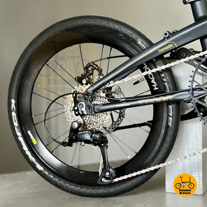 Close up of Shimano 9 gears rear derailleur on Fnhon mini Tornado
DG349