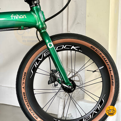 Close up Silverock front wheel with Schwalbe Billy Bonkers tyre