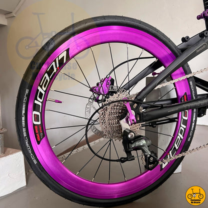 close-up of Litepro purple wheelset on foldable bike
