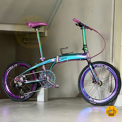Sepeda lipat Fnhon Tornado 22 inch warna Oil Slick dengan Shimano 9 gears desain ringan dan ringkas
