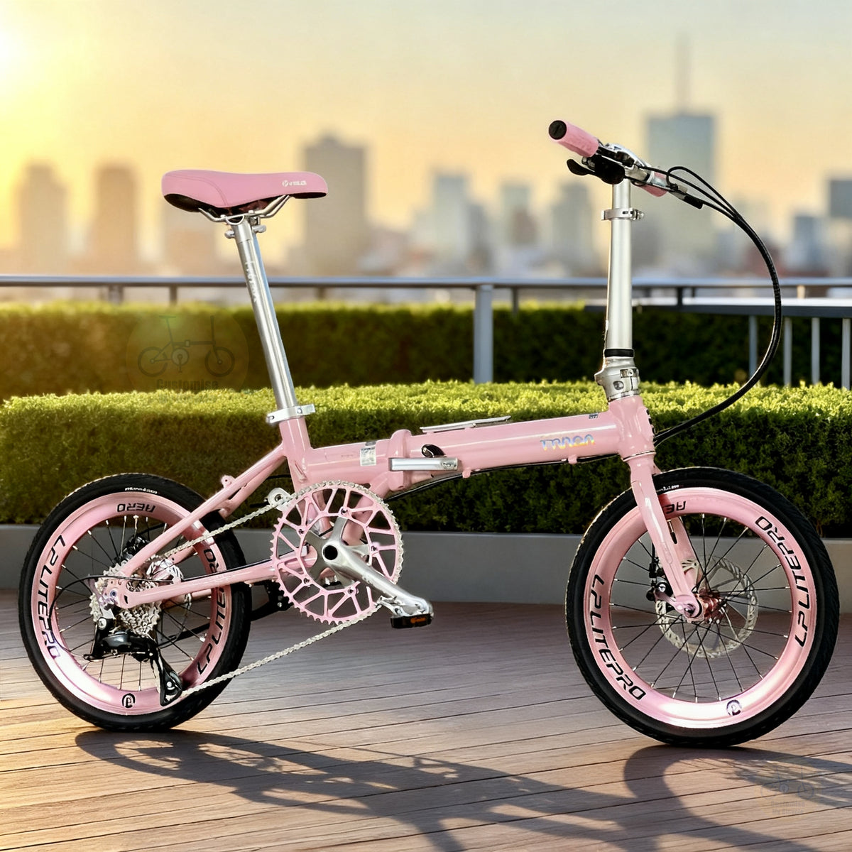 Fnhon Zephyr 16" Baby Pink lightweight folding bike with Shimano 9 gears