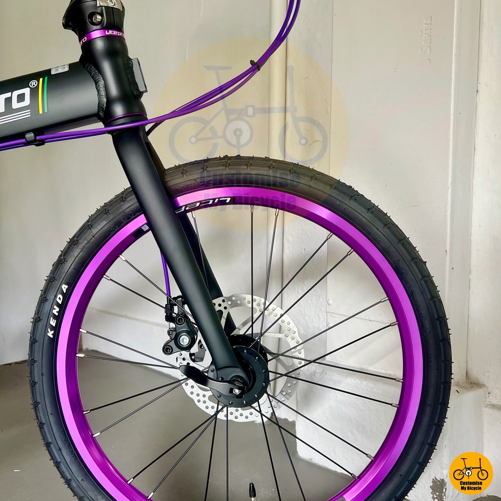 Purple accent wheels and crank on Litepro 20-inch foldable bike
