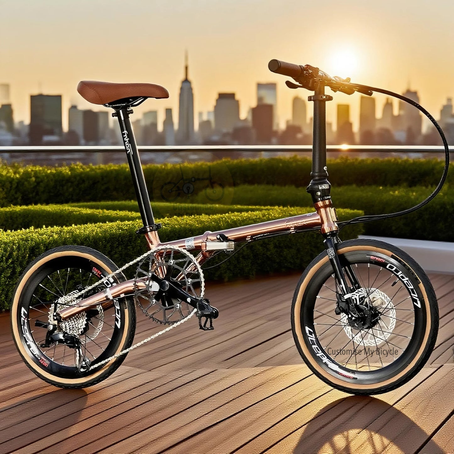 Side view of Fnhon Gust 18 inch Rose Gold folding bike with strong chromoly steel body frame and brown tyres