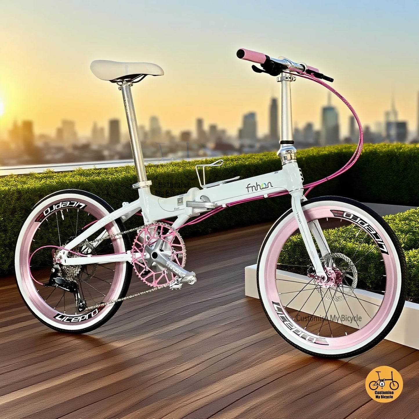 Fnhon Blast 22 inch Snow White Pink folding bike with Shimano 9s and Litepro wheels
