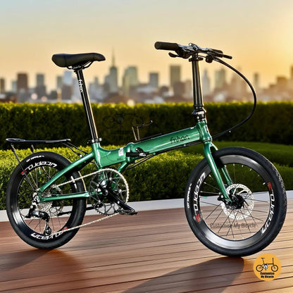 Fnhon Blast 22-inch folding bike in Emerald Green with Shimano 9-speed groupset, rear rack, and CST Zeppelin tyres  
