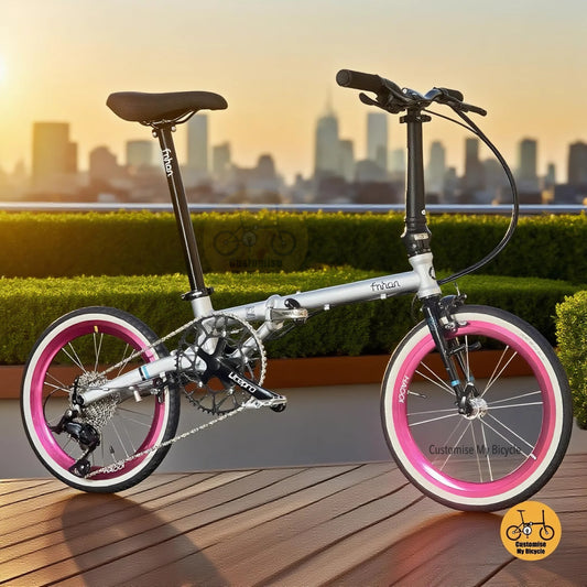 Fnhon Gust 18 Inch Foldable Bicycle Grey Pink Accent Rims Shimano 9 Gears Litepro Crank Compact Foldie
16" 349