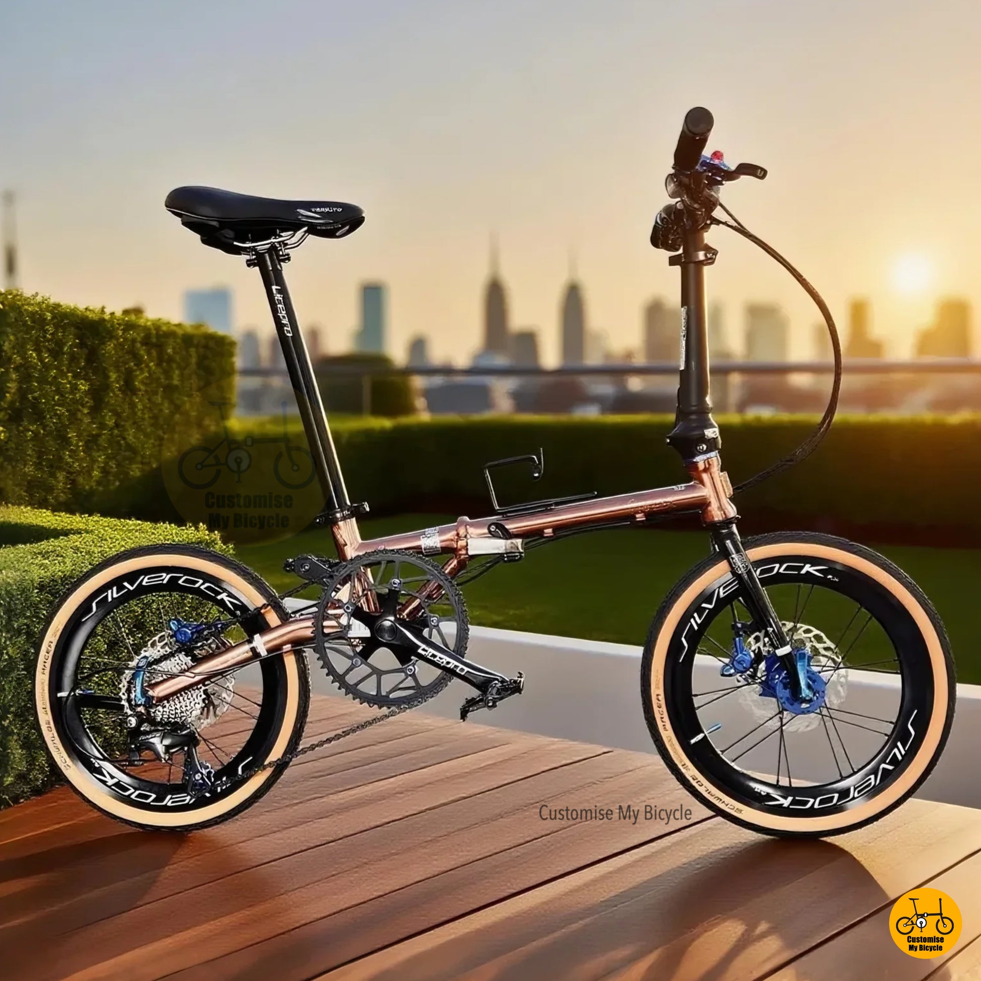 Fnhon Gust rose gold folding bike with blue tips equipped with Shimano 9 gears